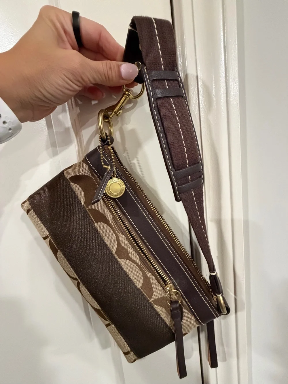 Coach Brown Signature Canvas Shoulder Bag with Gold Hardware